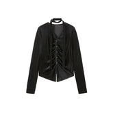 Women's Velour Lace-Up Pleated Blouse